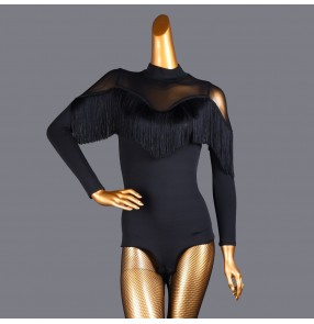 Women girls ballroom latin dance bodysuits for female lady black tassels latin salsa rumba chacha dance leotard tops for lady